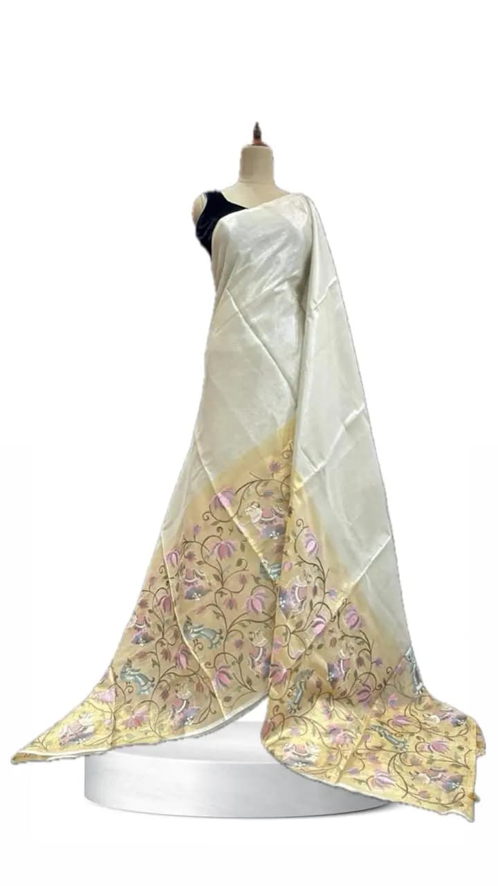 Tissue Organza Half White with Pink  flower Design QS319275