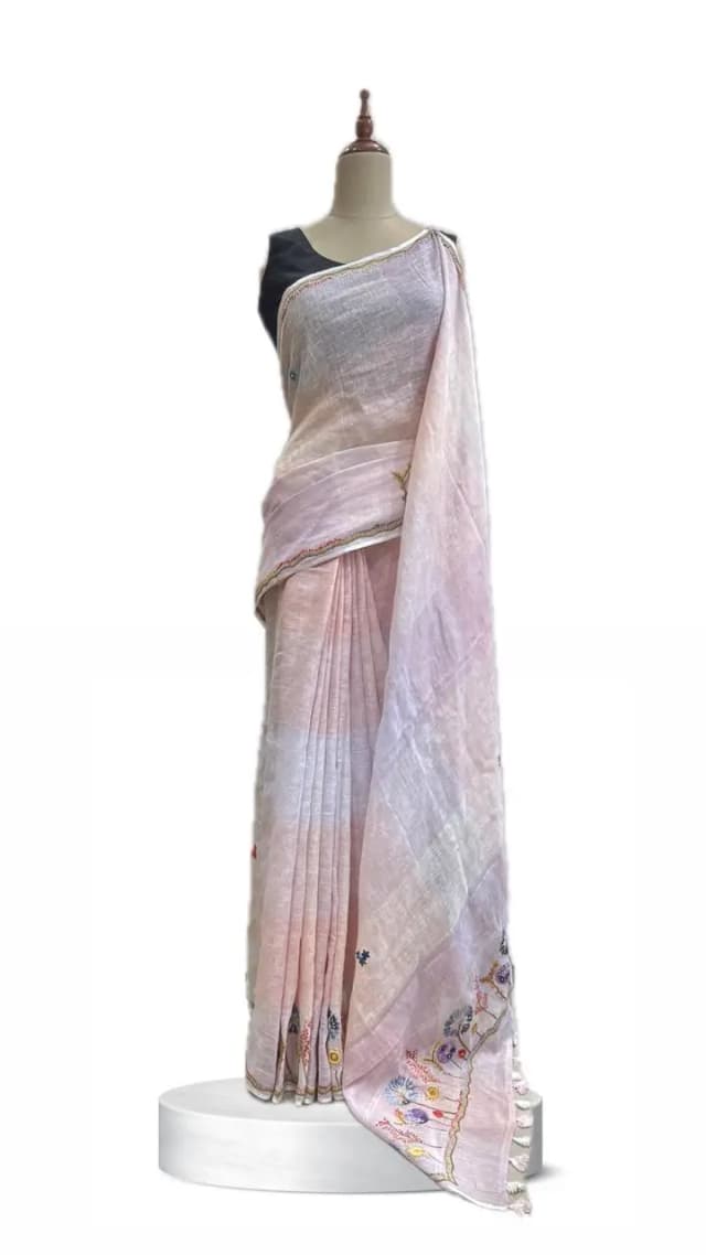 Pure Linen Saree Ivory Pink with Embroidery AA211116