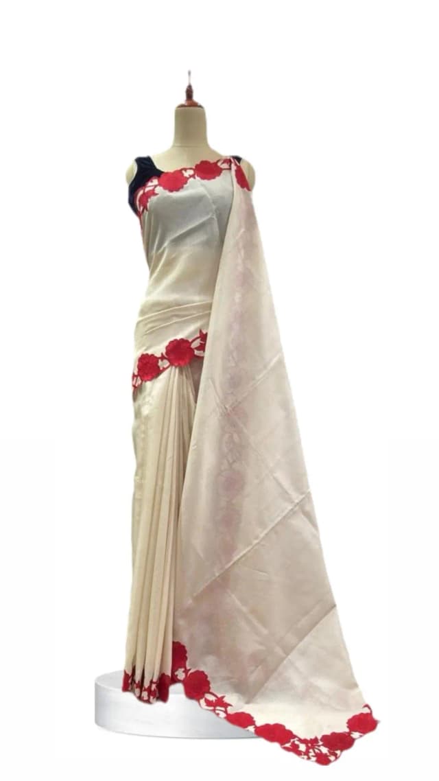 Kota Cotton Saree with Aplic Work Elegant Being Organza Fabric with Red Cut Work Floral Border AA211365