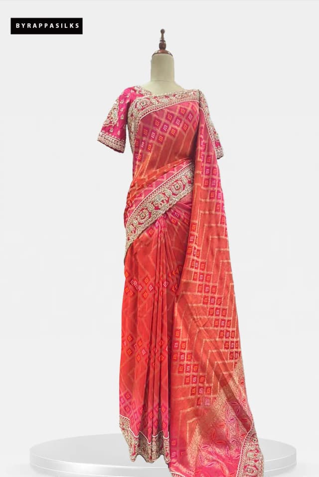 Bandhani Saree Dual Shade Multicolour With Pink Ready Blouse AS200051