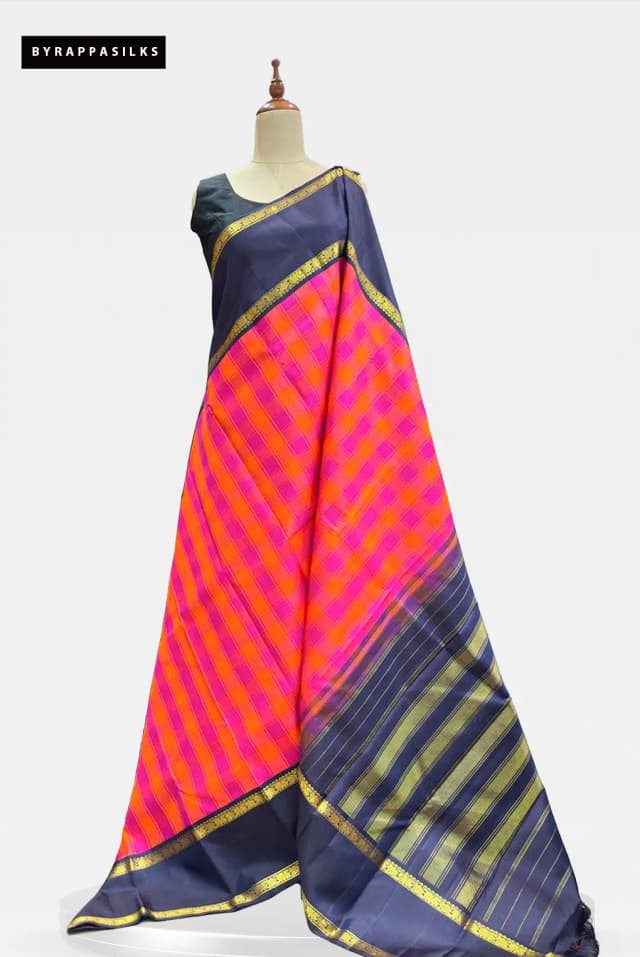 Pure Kanchipuram Pink & Orange Checked Saree AA212713