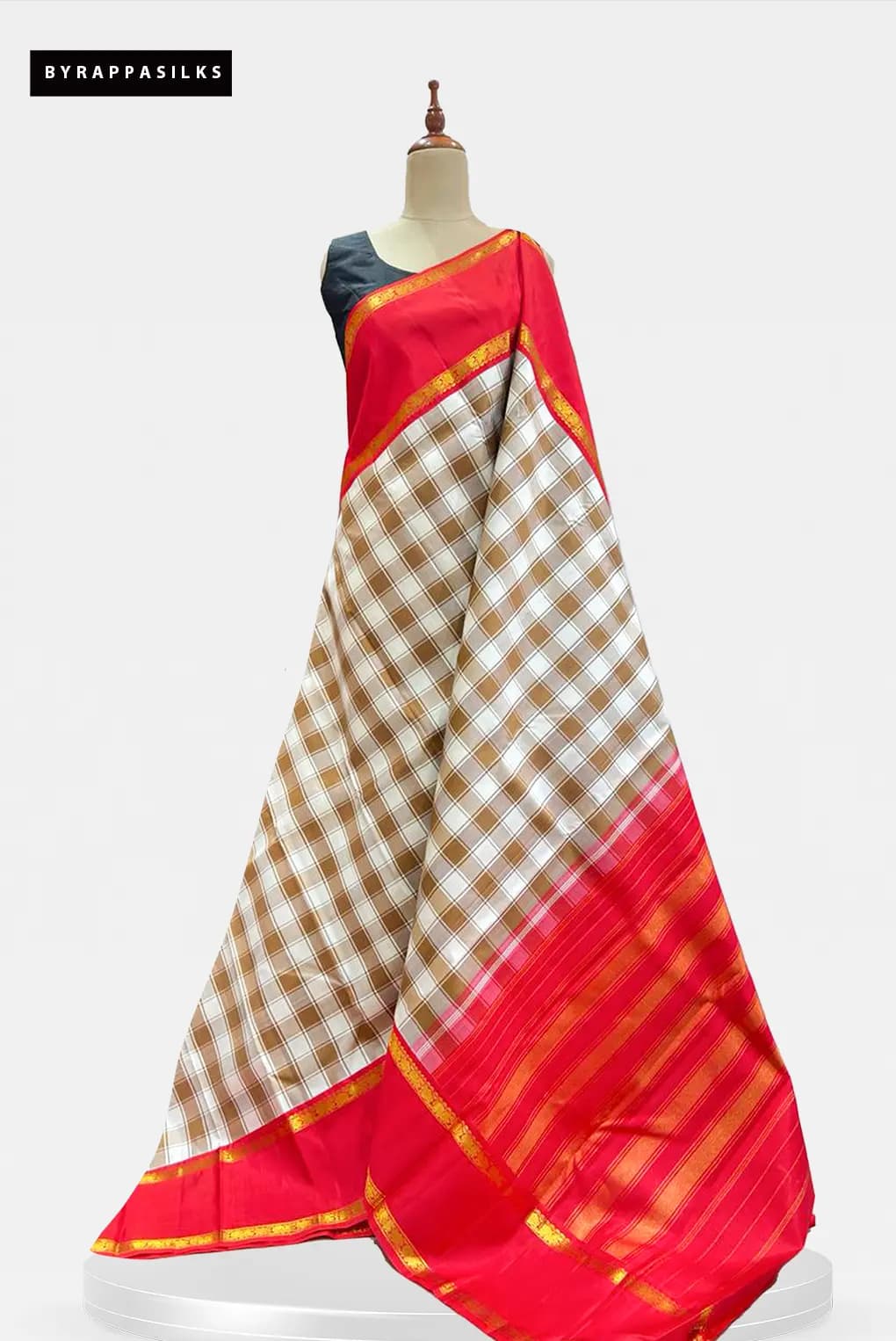 Pure Kanchipuram White & Brown Checked Saree AA212713