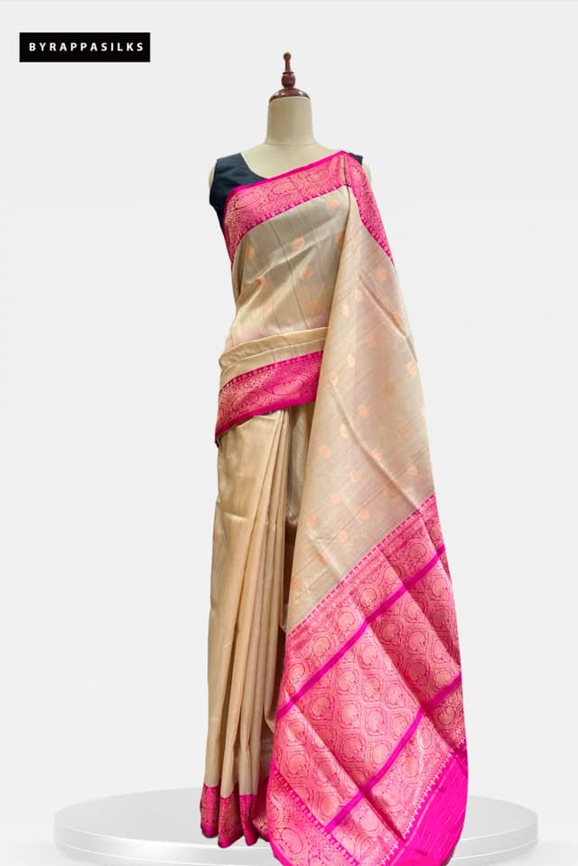 Pure Handloom Tussar Saree Beige With Pink AA212971