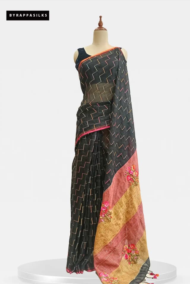 Linen Geometric Print Floral Embroidery Saree AA213800