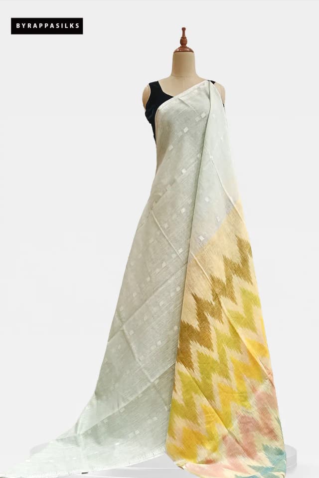 Linen Saree Pastel Mint Green With Ikkat Print Pallu AA213084