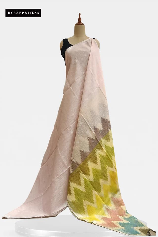 Linen Saree Light Pink With Ikkat Print Pallu AA213084