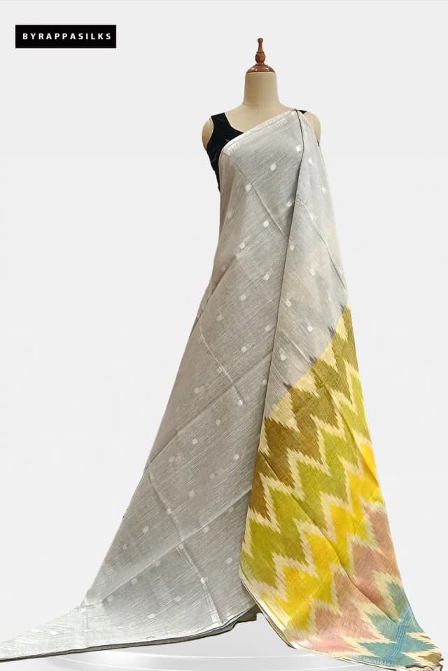 Linen Saree Light Grey With Ikkat Print Pallu AA213084