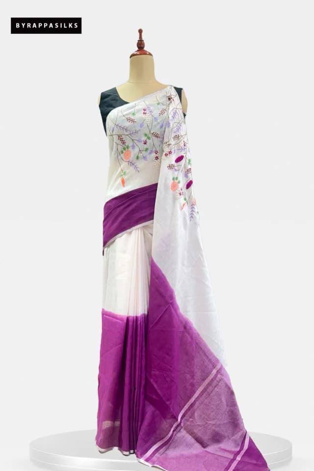Linen Cotton Saree White With Violet  Purple AA300350