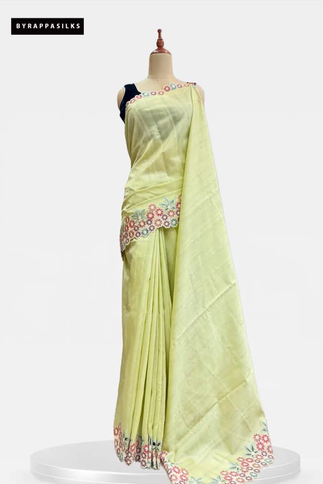 Semi Tussar Saree Cut Work Lime Green AA212761