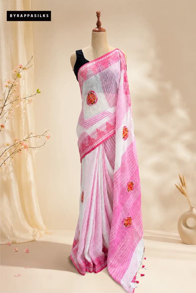 Linen Saree Delicate Embroidery With White & Pink  QS304656