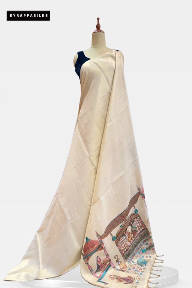 Tissue saree Cream Colour Traditional Folk Art Pallu AA300343