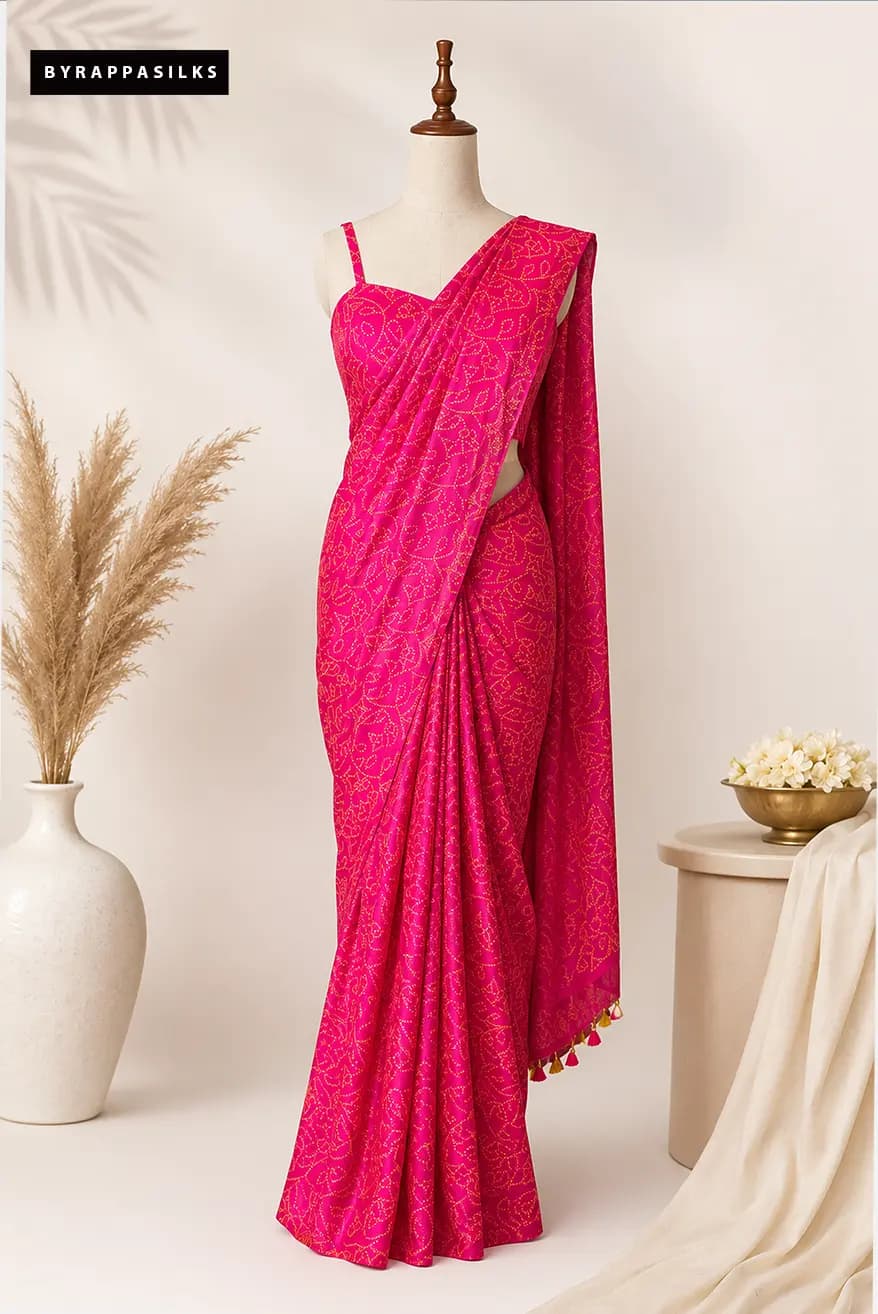 Pink Saree with 2 Designer Blouses Mustard Mirror Work Blouse & Matching Blouse AA311090