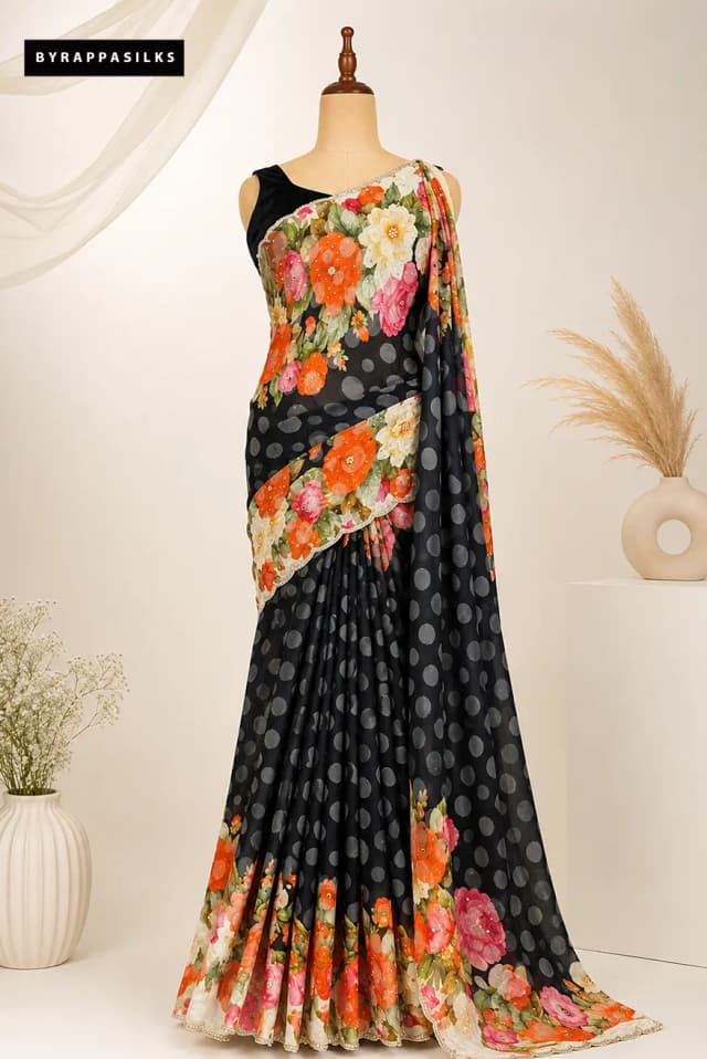 Floral Printed Polka Dot Crape Saree Black AA306044