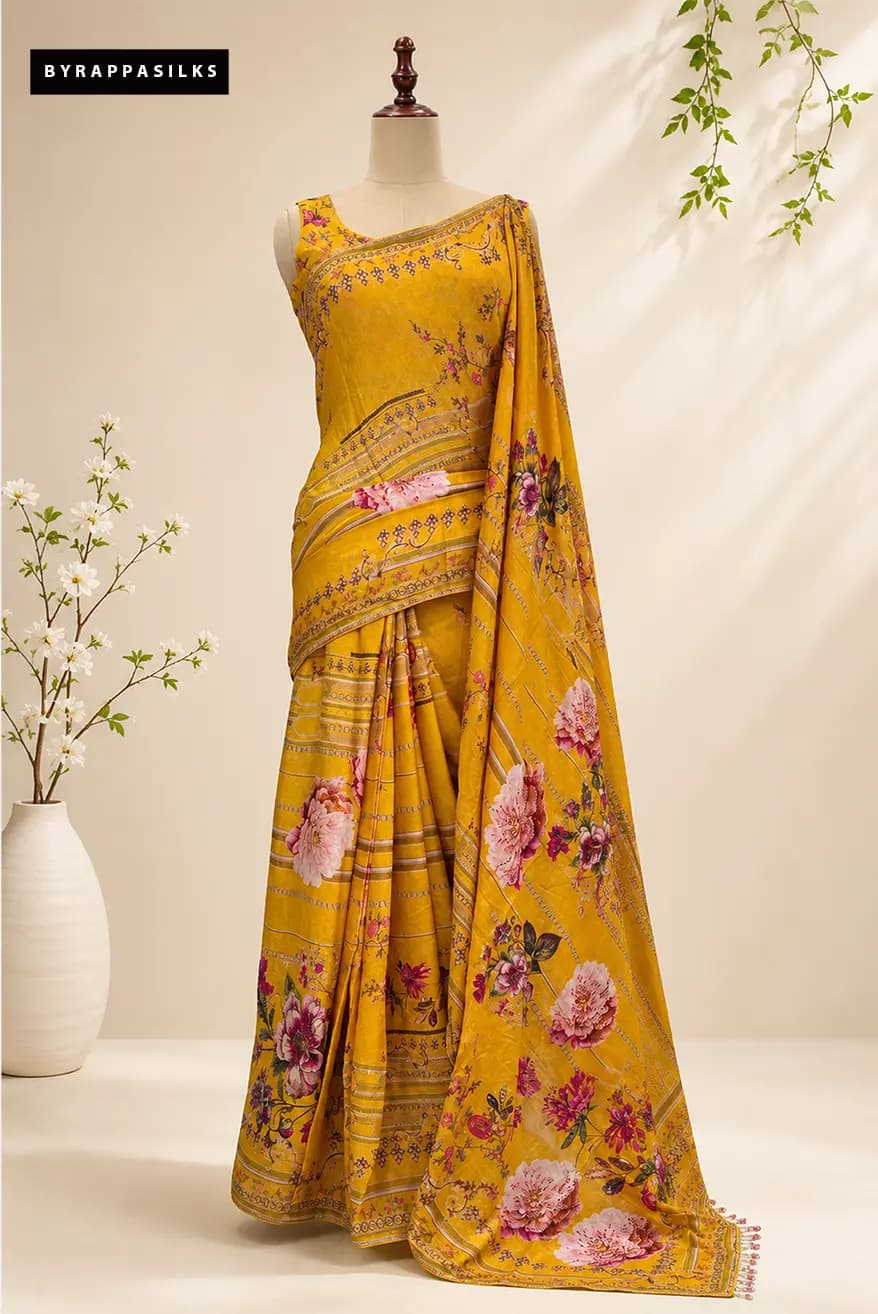 Floral Printed Crape Saree Mustard Yellow AA3110763