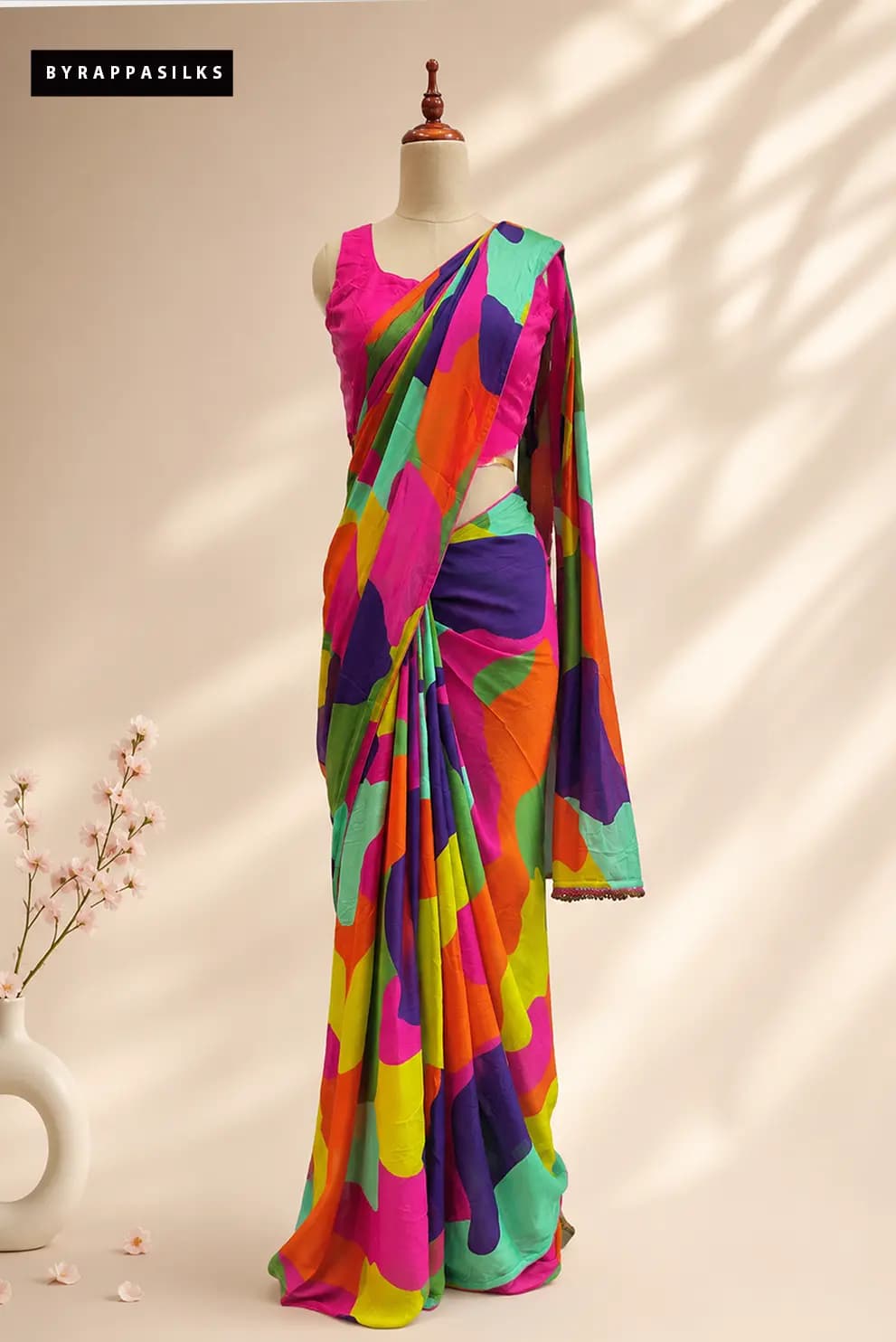 Multicolour Abstract Print Saree with 2 Designer Blouses Pink Mirror Work Blouse & Matching Blouse AA311090