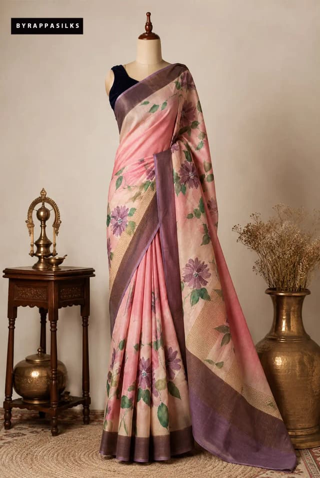 Pure Tussar Saree Peach & Cream Hand Printed AA308669