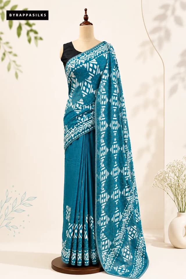 Mul Cotton Saree With Sequin Work Teal Blue AA317290