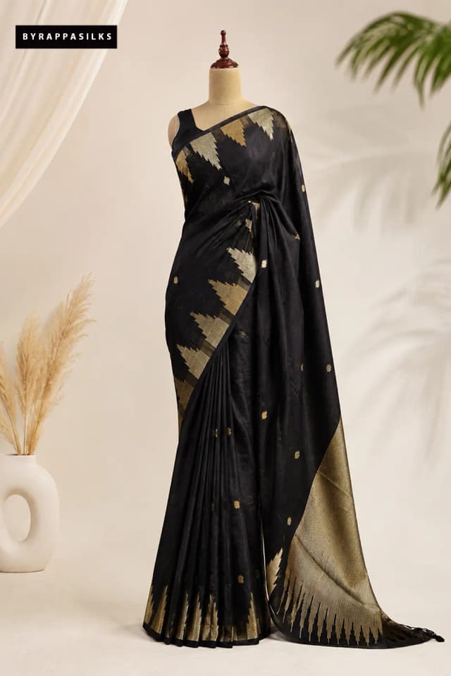 Semi Tussar Black Saree AA312294