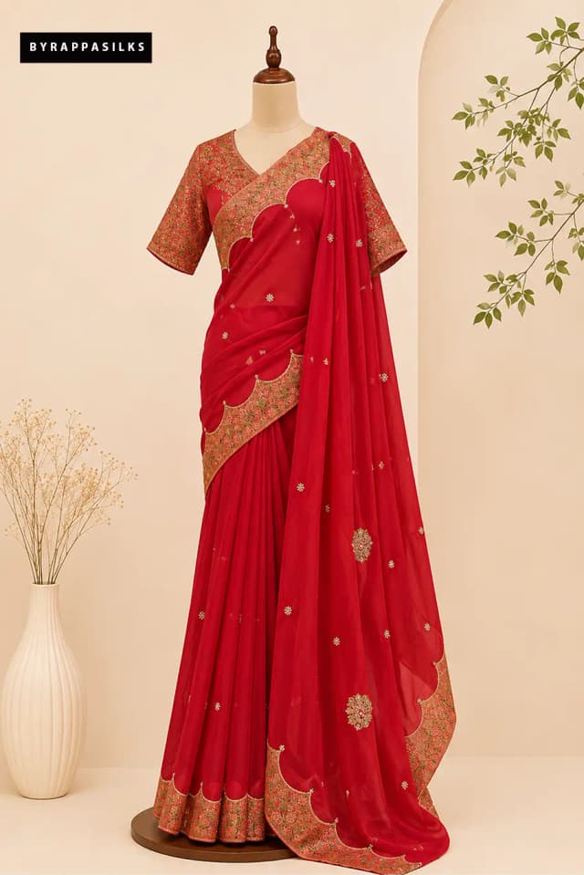 Red Embroidered Scalloped Border Saree With Ready Blouse AA313262