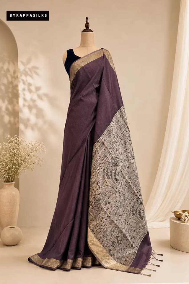 Semi Tussar Saree With Madhubani Print Wine With Traditional Art AA314925
