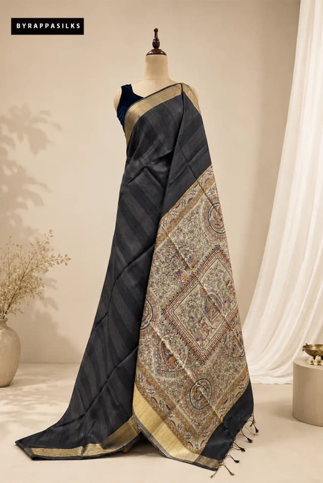 Semi Tussar Saree With Madhubani Print Black With Traditional Art AA314925