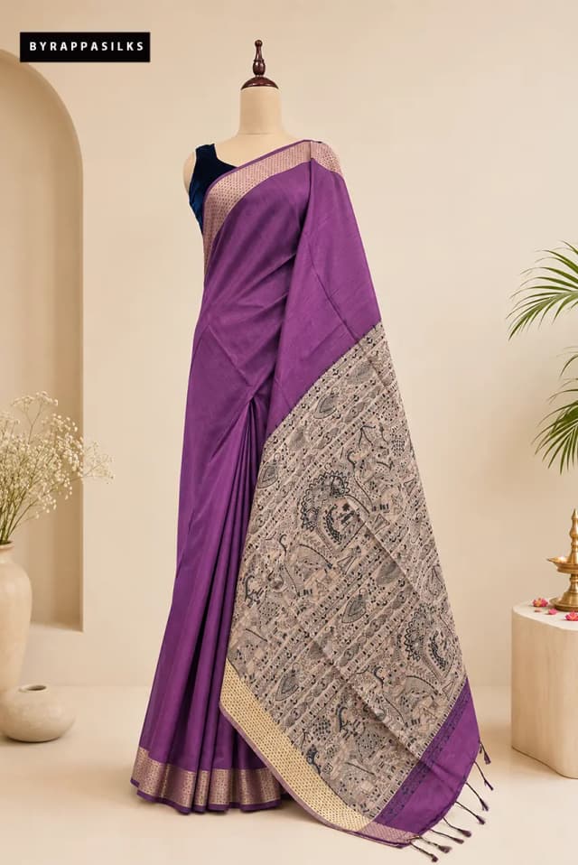 Semi Tussar Saree With Madhubani Deep Purple With Traditional Art AA314925