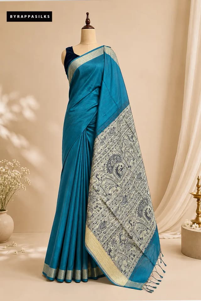 Semi Tussar Saree With Madhubani Print Teal Blue With Traditional Art AA314925