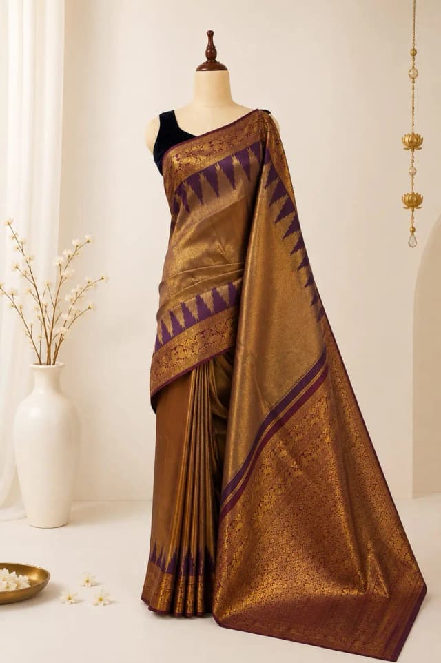 Semi Kanchipuram Saree With Purple Temple Border AS200572