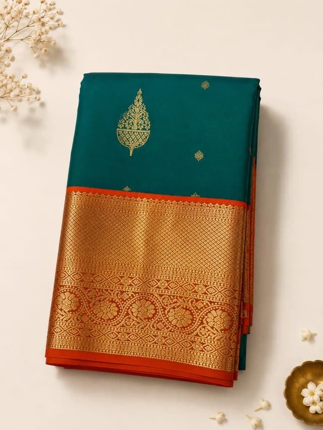 Semi Kanchipuram Saree Green Colour With Orange Border QS305618