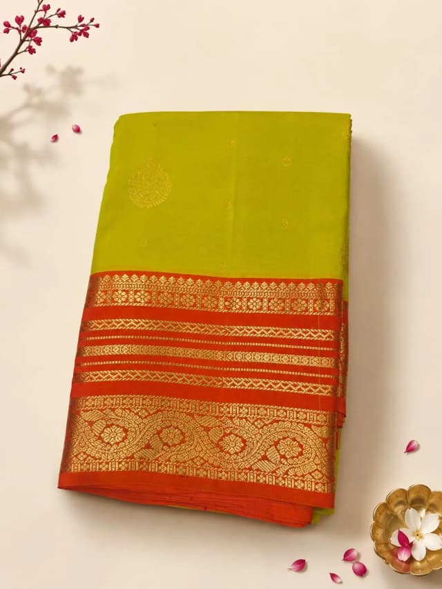 Semi Kanchipuram Saree Olive Green Colour With Orange Border QS305618