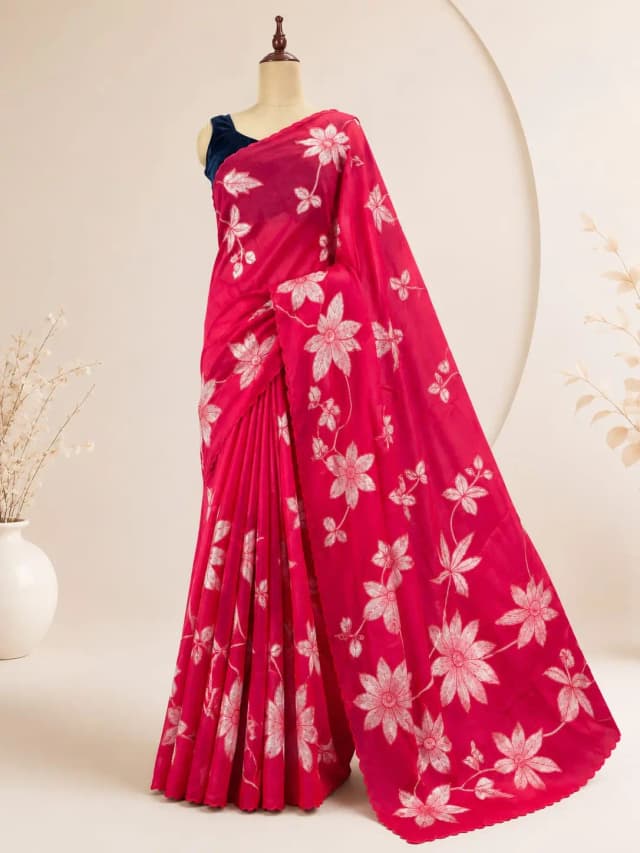 Organza Saree Red Colour With Aplic Work AA315405