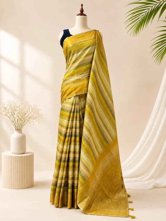 Semi Tussar Olive Green Multi Striped Saree AA314732