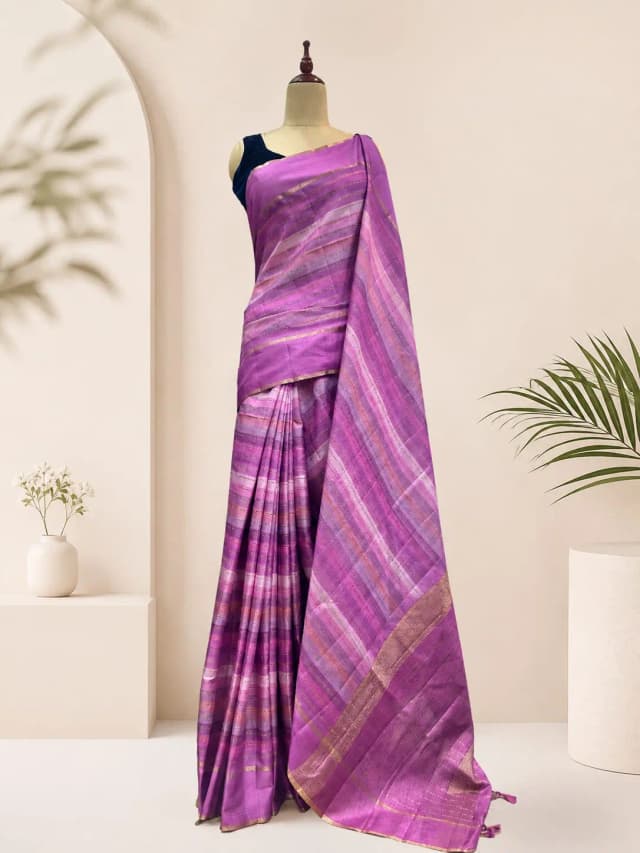 Semi Tussar Royal Purple Multi Striped Saree AA314732