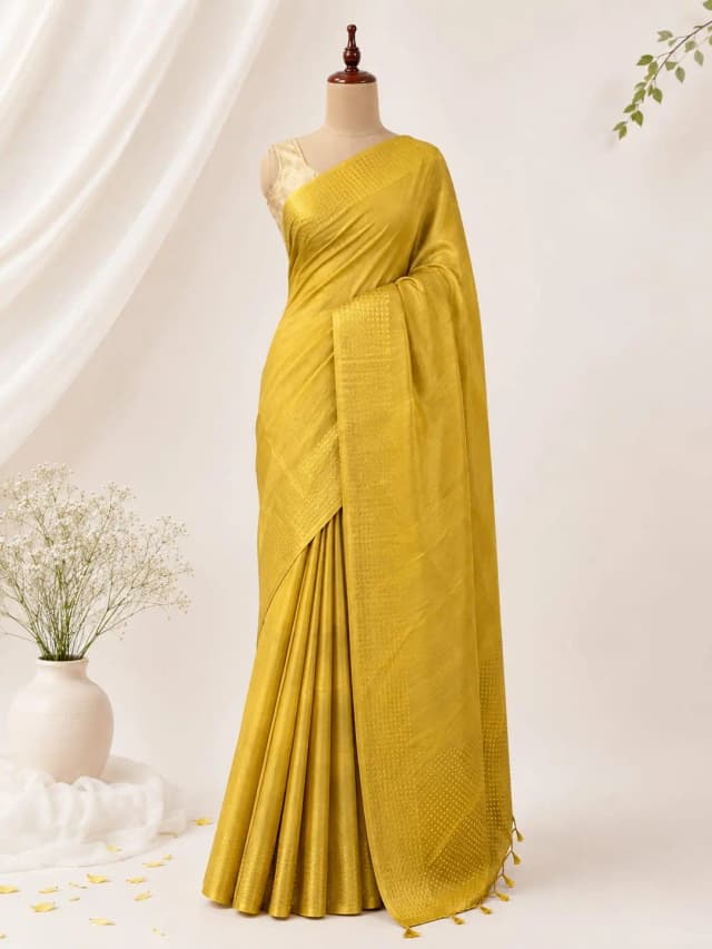 Semi Tussar Saree Yellow Colour Kalamkari Blouse AA315136