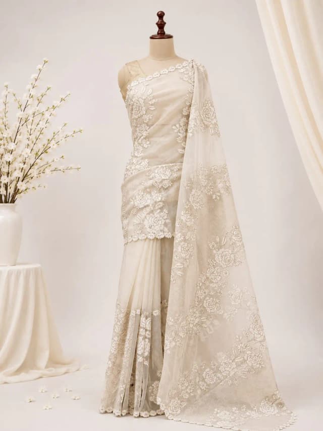 Pure Organza Saree Cream Colour AA317037