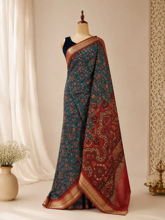 Chandari Block Print Saree Teal Green Colour AA314792