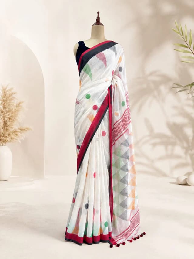 Pure Linen Saree With White & Black, Red Border AA315946