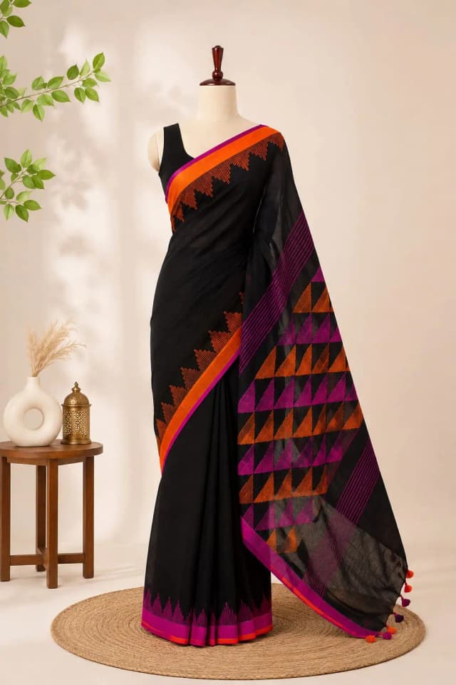 Pure Linen Saree With Black & Red Border AA315946