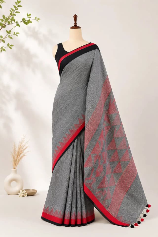 Pure Linen Saree With Gray & Black, Red Border AA315946
