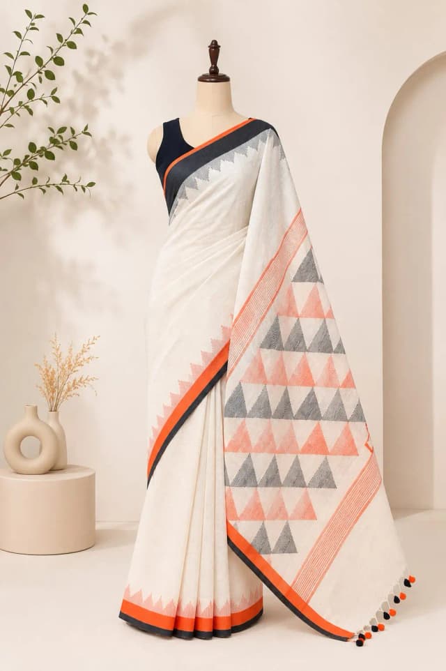 Pure Linen Saree With White & Orange , Black Border AA315946