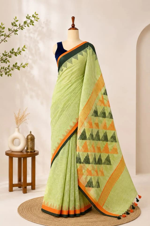 Pure Linen Saree With Pista Green & Orange, Black Border AA315946