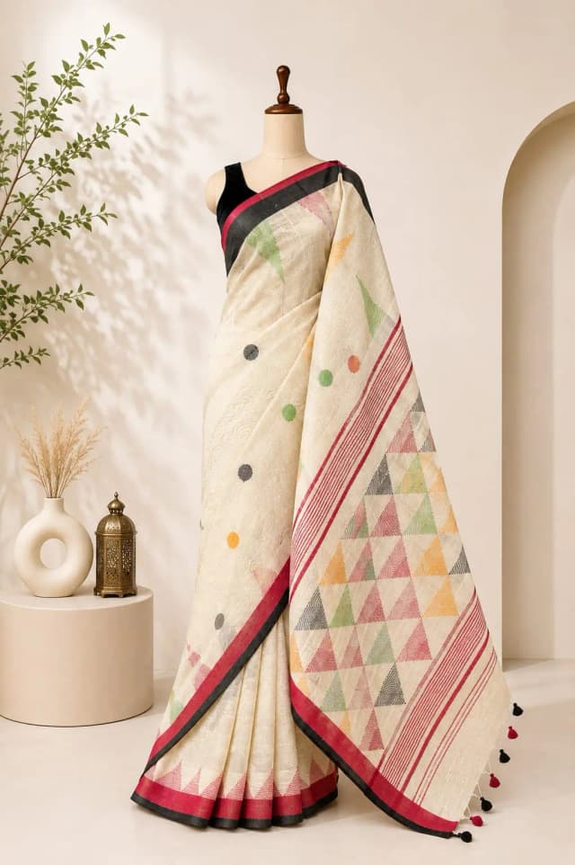 Pure Linen Saree With Lemon Yellow & Red, Black Border AA315946