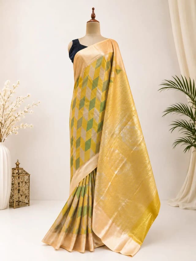 Tissue Semi Kanchipuram Saree Yellow Colour AA317145