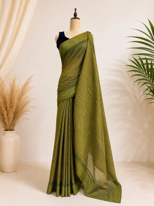 Mul Cotton Saree With Chandari Border Olive Green AA316985