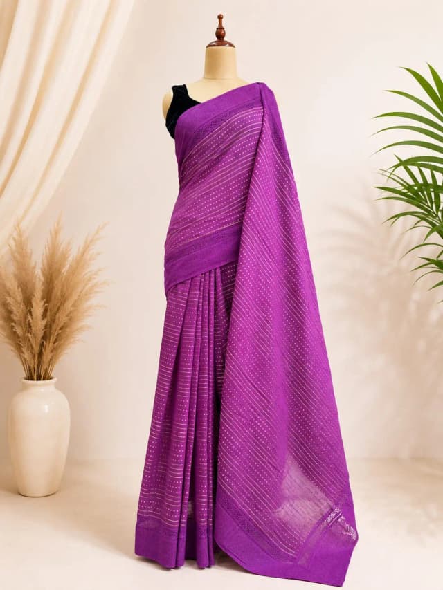 Mul Cotton Saree With Chandari Border Purple Colour  AA316985