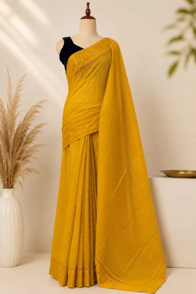 Mul Cotton Saree With Chandari Border Yellow Colour AA316985