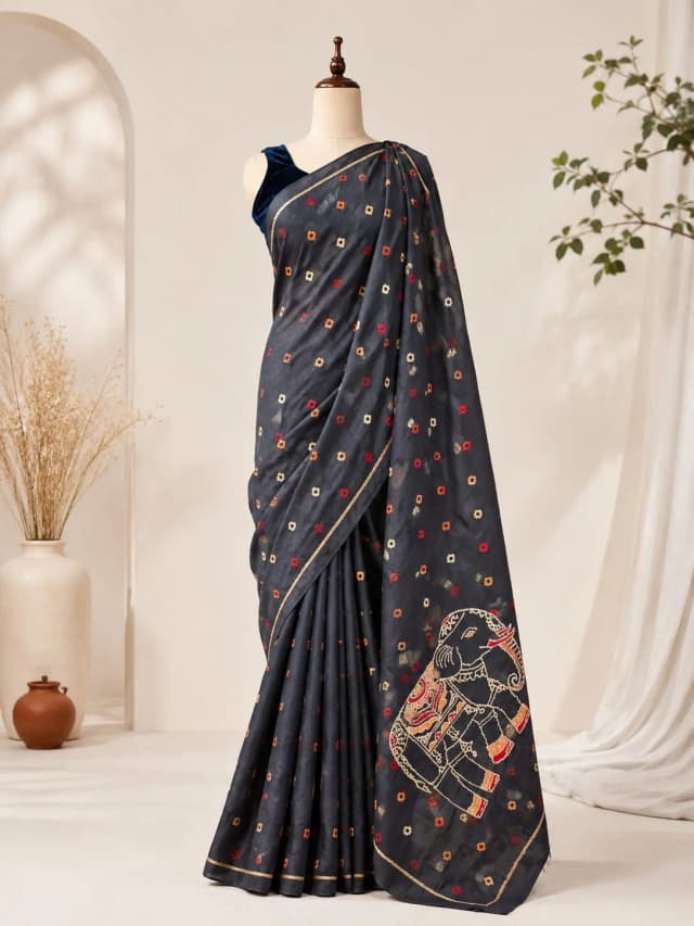 Semi Tussar Saree Black Colour AA317307
