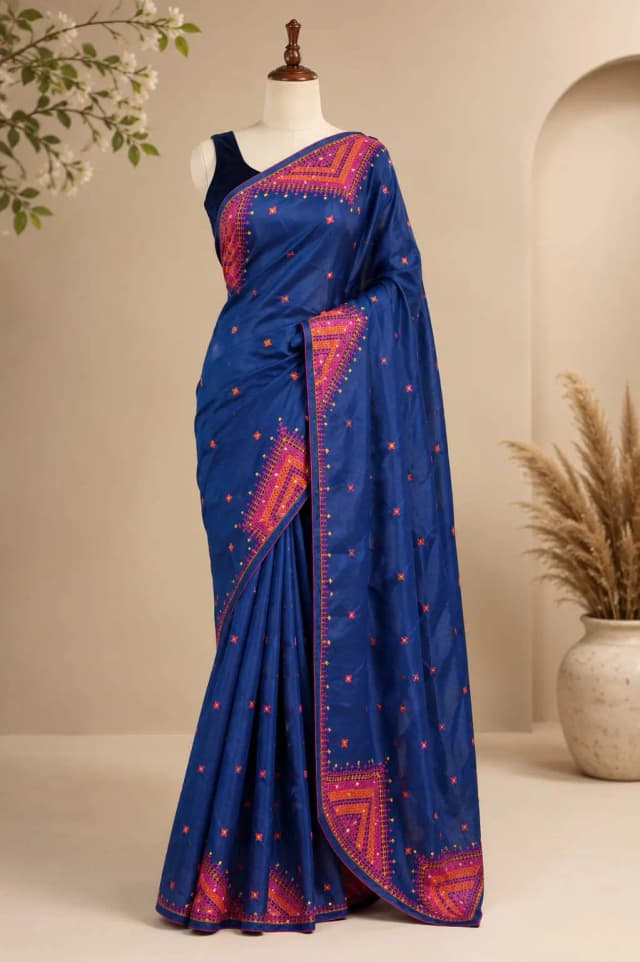 Semi Tussar Kutch Work Saree Navy Blue Colour AA317701