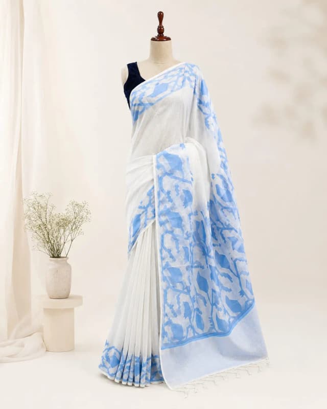 Cotton Saree White Colour Blue Border AA202904