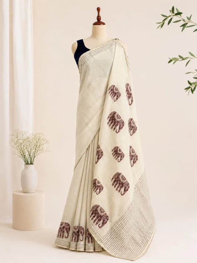 Semi Tussar Saree Baige Colour With Wine Aplic Work AA316479
